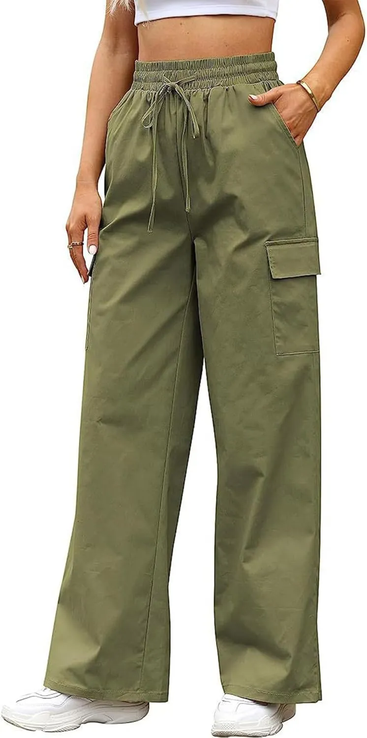 SOMTHRON Women's Cargo Pants Baggy Pull On Elastic Waist Relaxed Fit Flap Pockets Loose Straight Wide Leg Trousers