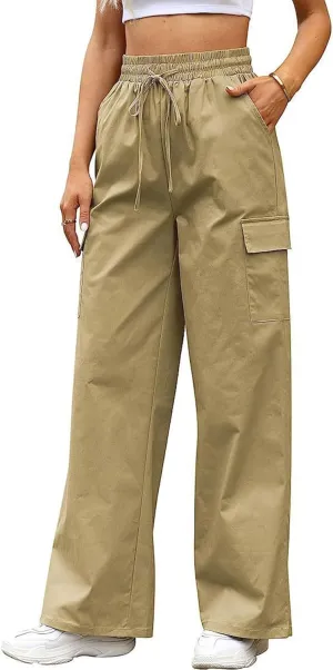 SOMTHRON Women's Cargo Pants Baggy Pull On Elastic Waist Relaxed Fit Flap Pockets Loose Straight Wide Leg Trousers