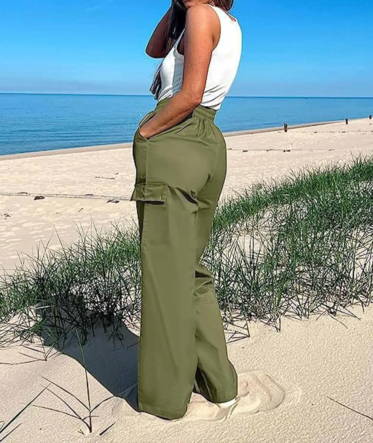 SOMTHRON Women's Cargo Pants Baggy Pull On Elastic Waist Relaxed Fit Flap Pockets Loose Straight Wide Leg Trousers