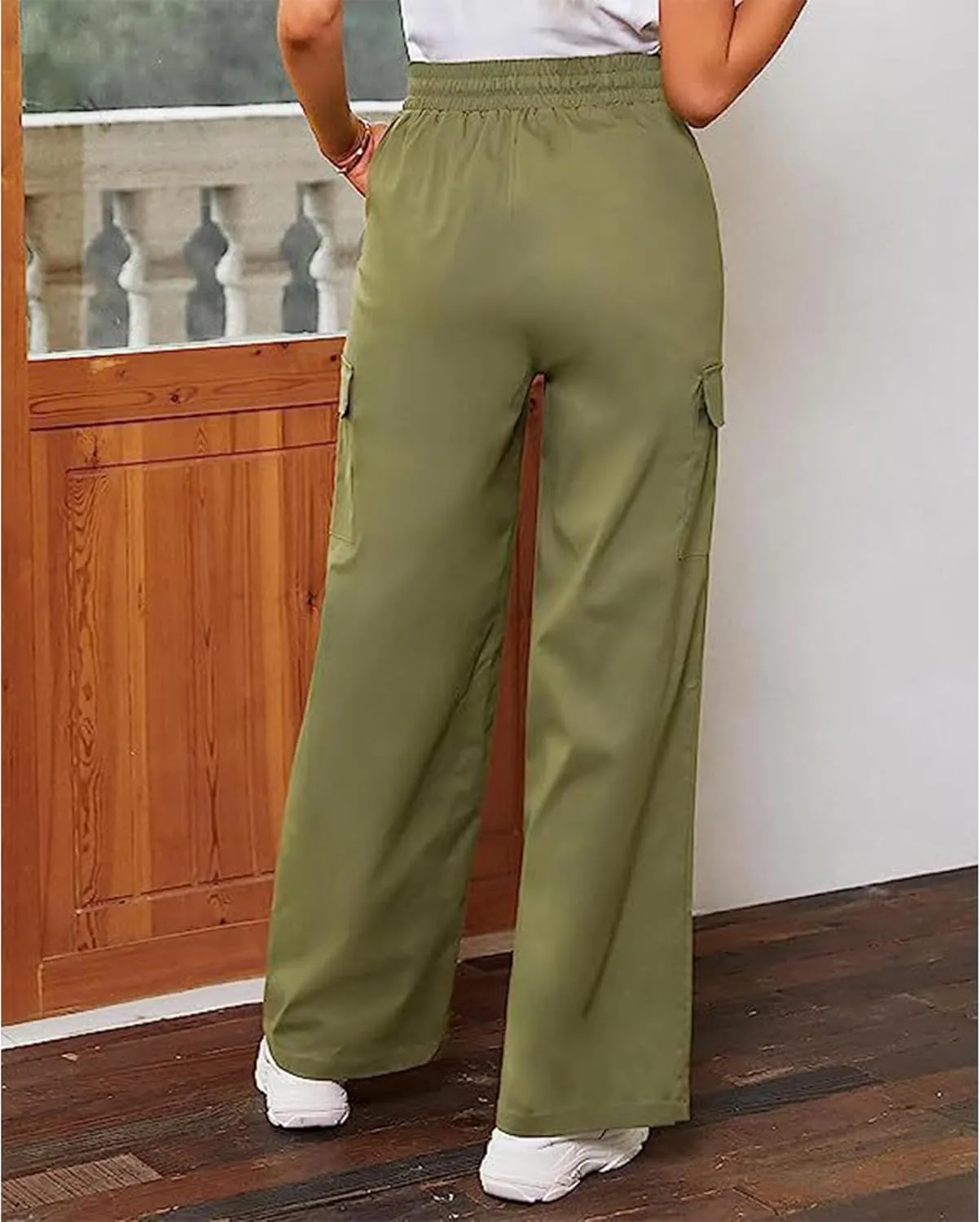 SOMTHRON Women's Cargo Pants Baggy Pull On Elastic Waist Relaxed Fit Flap Pockets Loose Straight Wide Leg Trousers