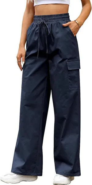 SOMTHRON Women's Cargo Pants Baggy Pull On Elastic Waist Relaxed Fit Flap Pockets Loose Straight Wide Leg Trousers