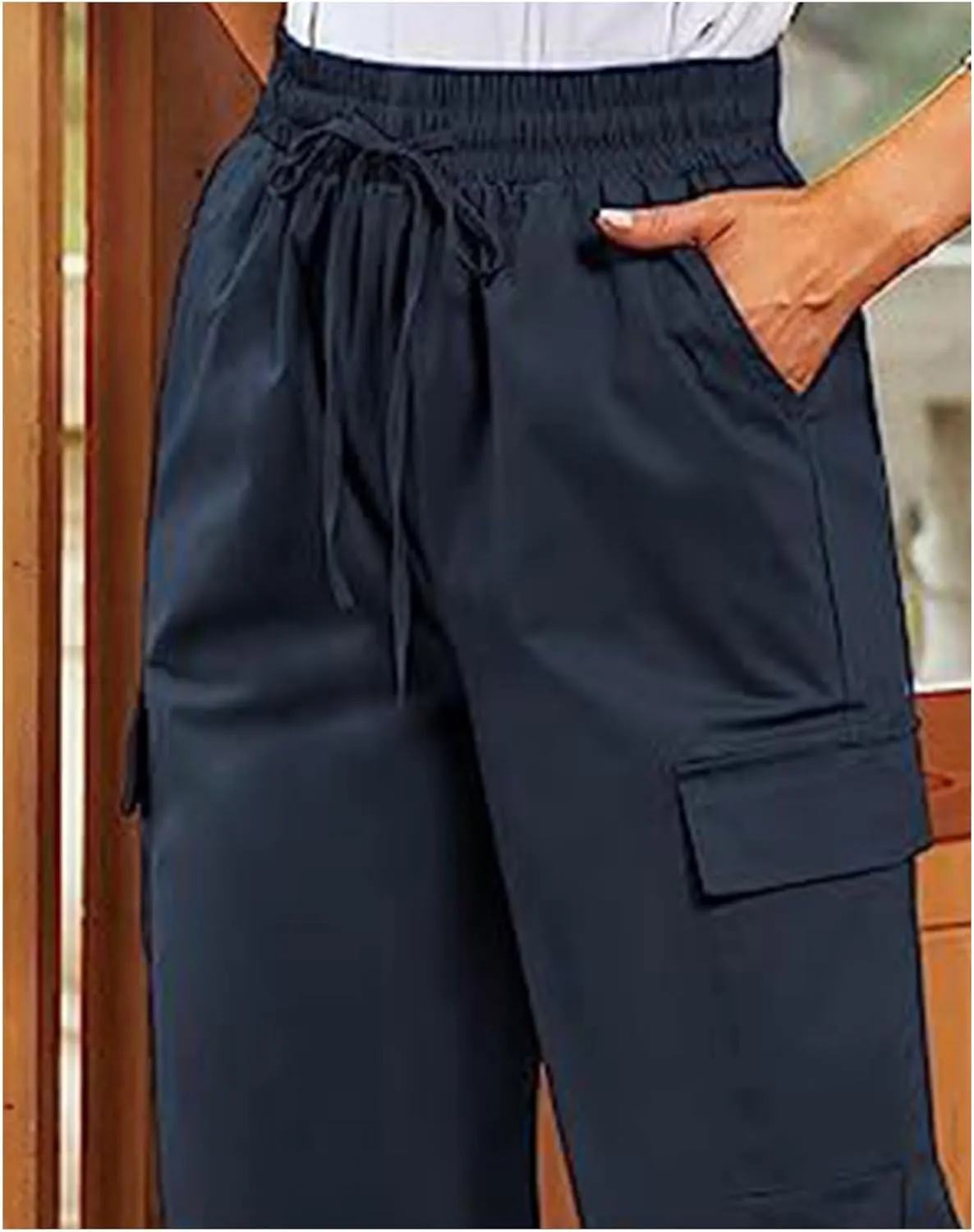 SOMTHRON Women's Cargo Pants Baggy Pull On Elastic Waist Relaxed Fit Flap Pockets Loose Straight Wide Leg Trousers