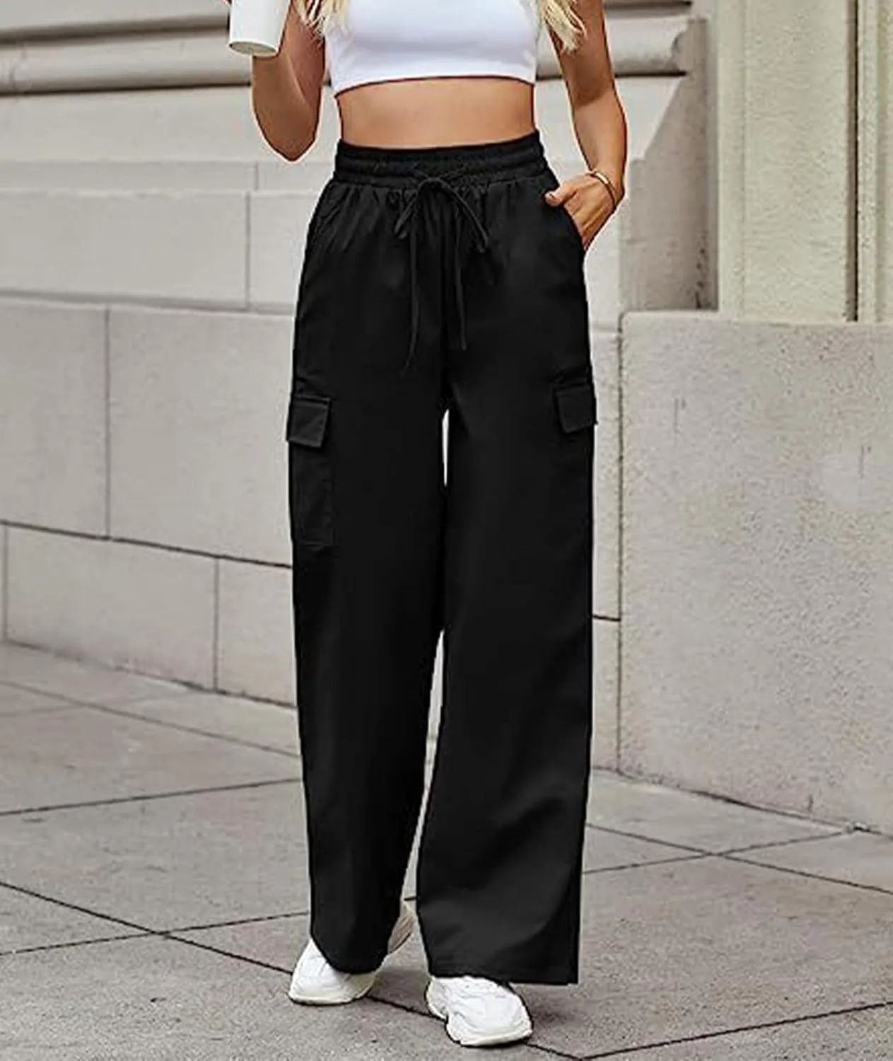 SOMTHRON Women's Cargo Pants Baggy Pull On Elastic Waist Relaxed Fit Flap Pockets Loose Straight Wide Leg Trousers