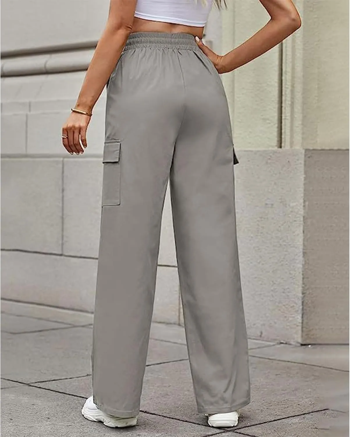 SOMTHRON Women's Cargo Pants Baggy Pull On Elastic Waist Relaxed Fit Flap Pockets Loose Straight Wide Leg Trousers