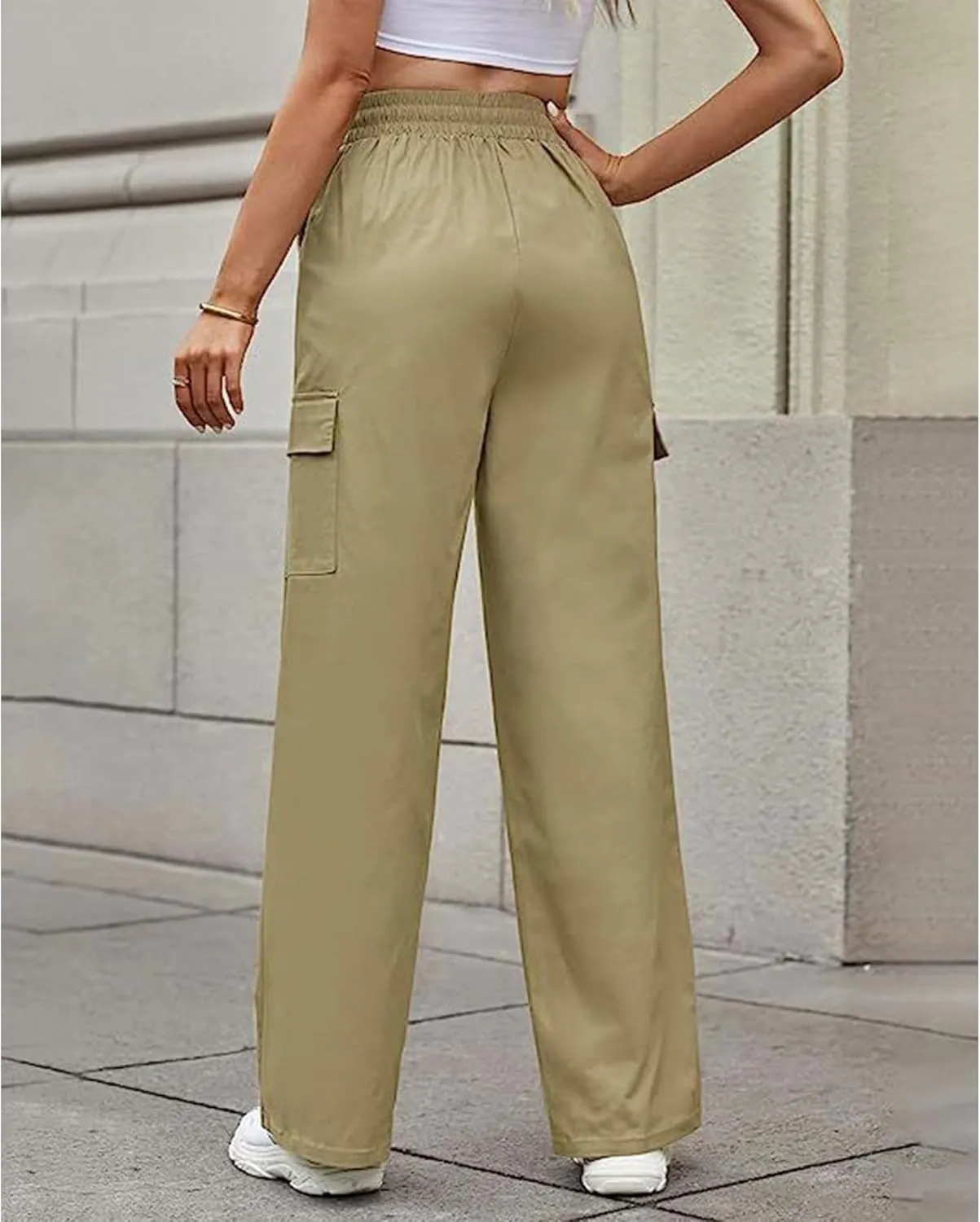 SOMTHRON Women's Cargo Pants Baggy Pull On Elastic Waist Relaxed Fit Flap Pockets Loose Straight Wide Leg Trousers