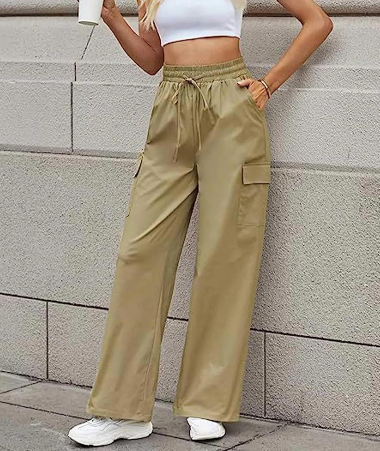 SOMTHRON Women's Cargo Pants Baggy Pull On Elastic Waist Relaxed Fit Flap Pockets Loose Straight Wide Leg Trousers