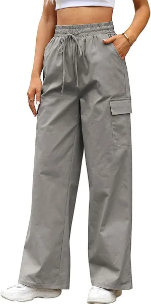 SOMTHRON Women's Cargo Pants Baggy Pull On Elastic Waist Relaxed Fit Flap Pockets Loose Straight Wide Leg Trousers