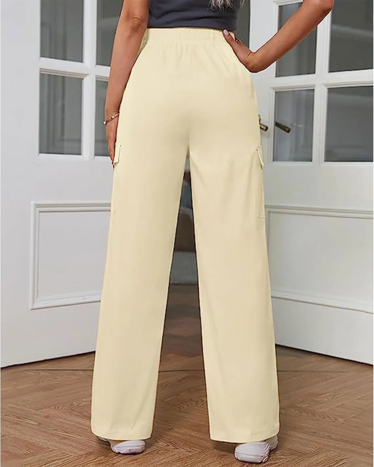 SOMTHRON Women's Cargo Pants Baggy Pull On Elastic Waist Relaxed Fit Flap Pockets Loose Straight Wide Leg Trousers