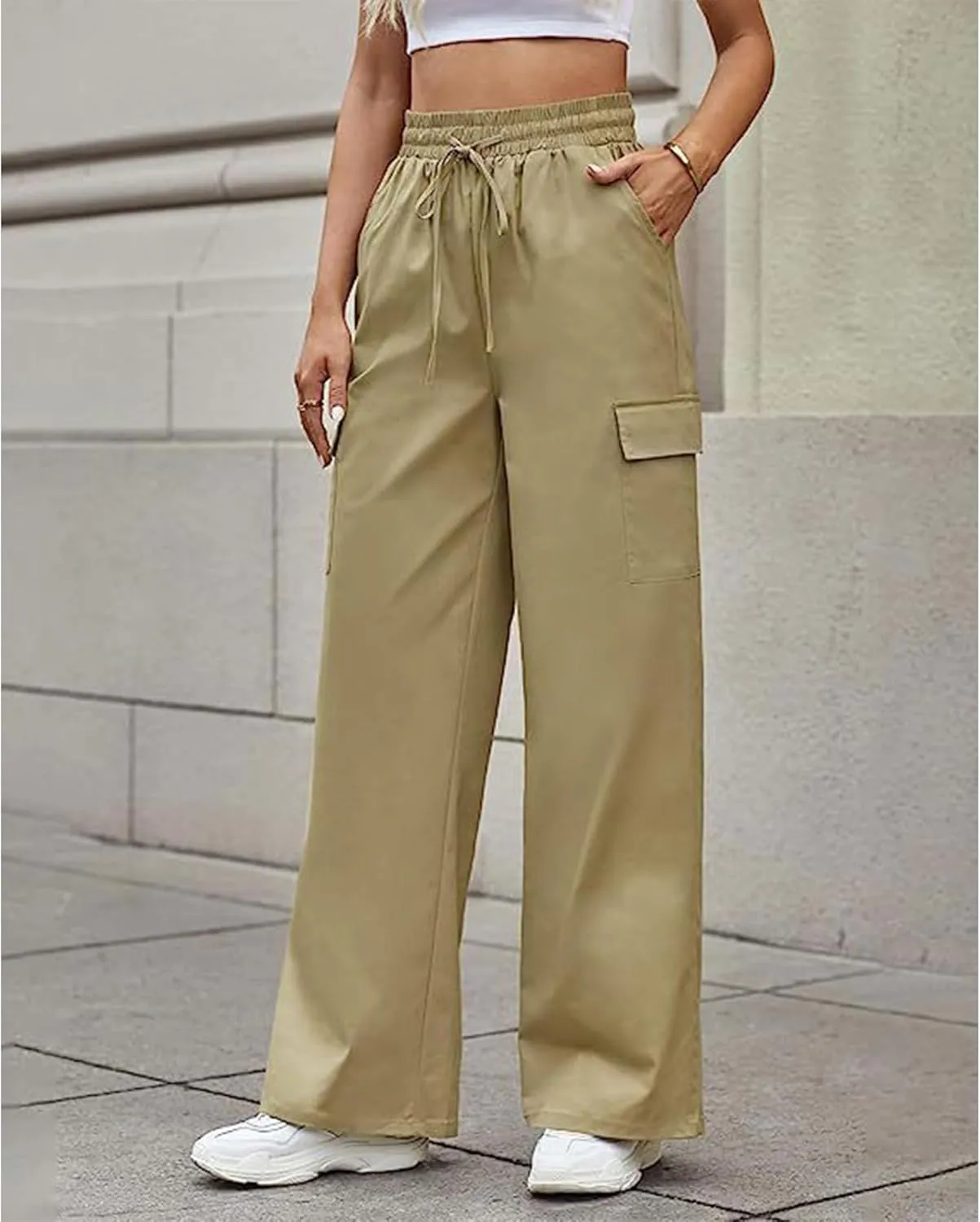 SOMTHRON Women's Cargo Pants Baggy Pull On Elastic Waist Relaxed Fit Flap Pockets Loose Straight Wide Leg Trousers
