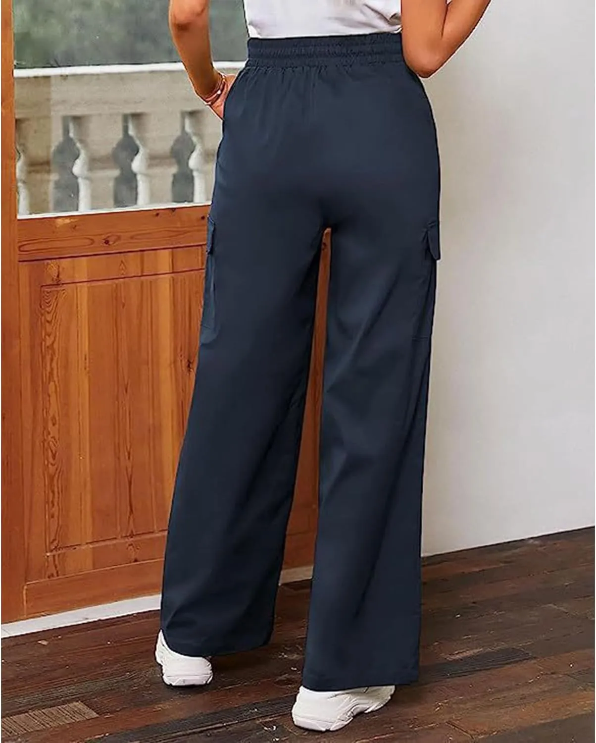 SOMTHRON Women's Cargo Pants Baggy Pull On Elastic Waist Relaxed Fit Flap Pockets Loose Straight Wide Leg Trousers