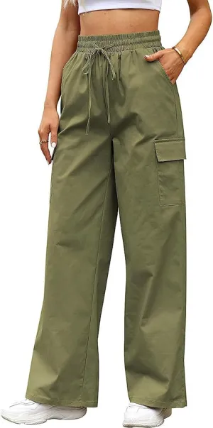 SOMTHRON Women's Cargo Pants Baggy Pull On Elastic Waist Relaxed Fit Flap Pockets Loose Straight Wide Leg Trousers