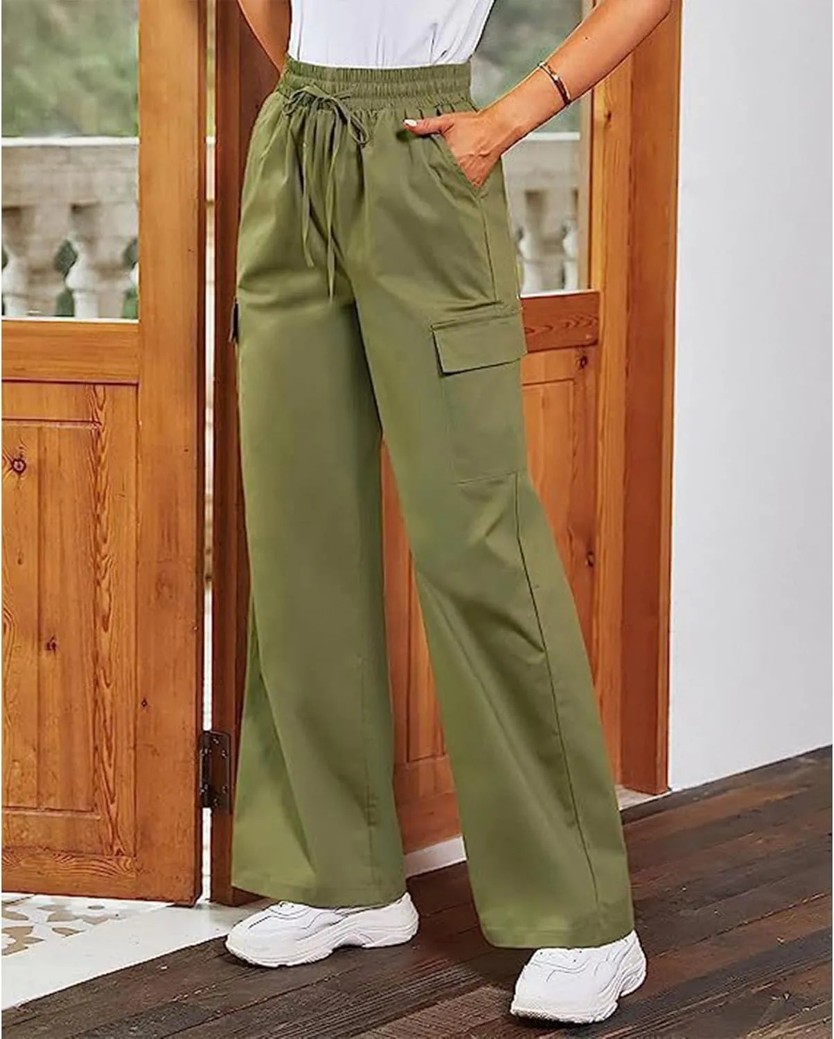 SOMTHRON Women's Cargo Pants Baggy Pull On Elastic Waist Relaxed Fit Flap Pockets Loose Straight Wide Leg Trousers