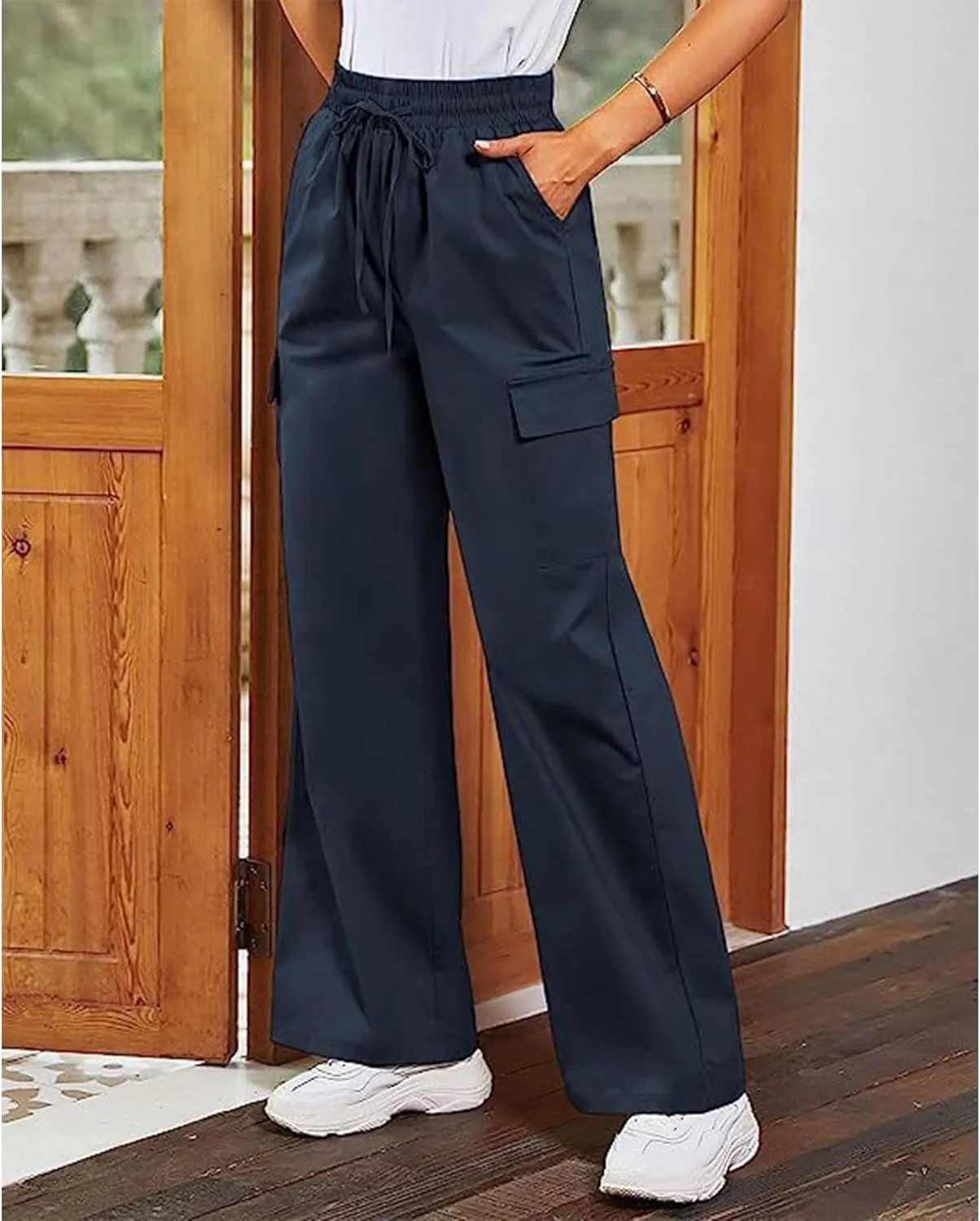SOMTHRON Women's Cargo Pants Baggy Pull On Elastic Waist Relaxed Fit Flap Pockets Loose Straight Wide Leg Trousers