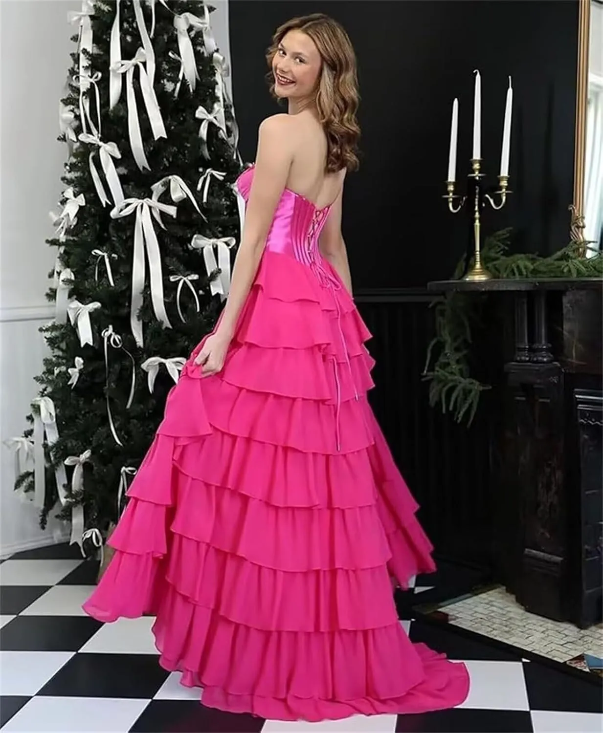 Strapless Chiffon Prom Dresses for Women Long Tiered Ruffle Corset Formal Evening Gowns for Women with Slit