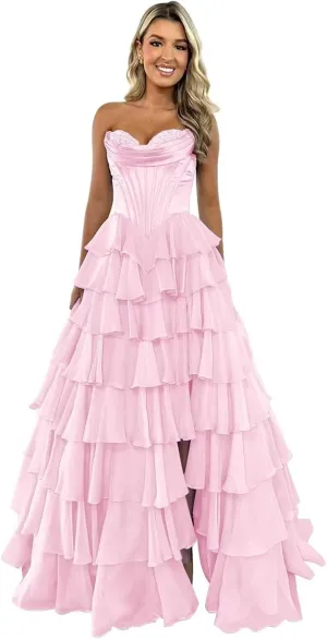 Strapless Chiffon Prom Dresses for Women Long Tiered Ruffle Corset Formal Evening Gowns for Women with Slit