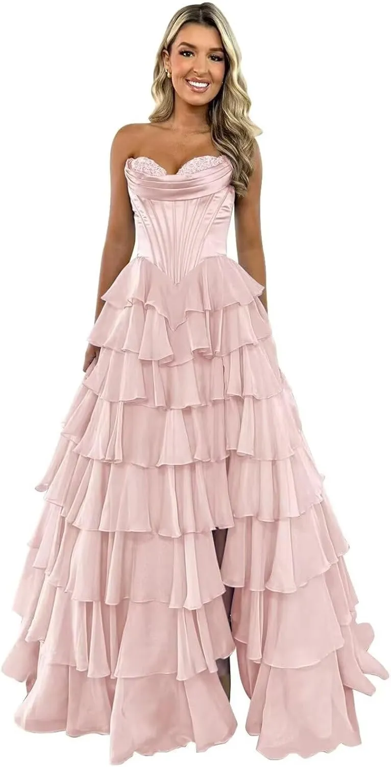 Strapless Chiffon Prom Dresses for Women Long Tiered Ruffle Corset Formal Evening Gowns for Women with Slit