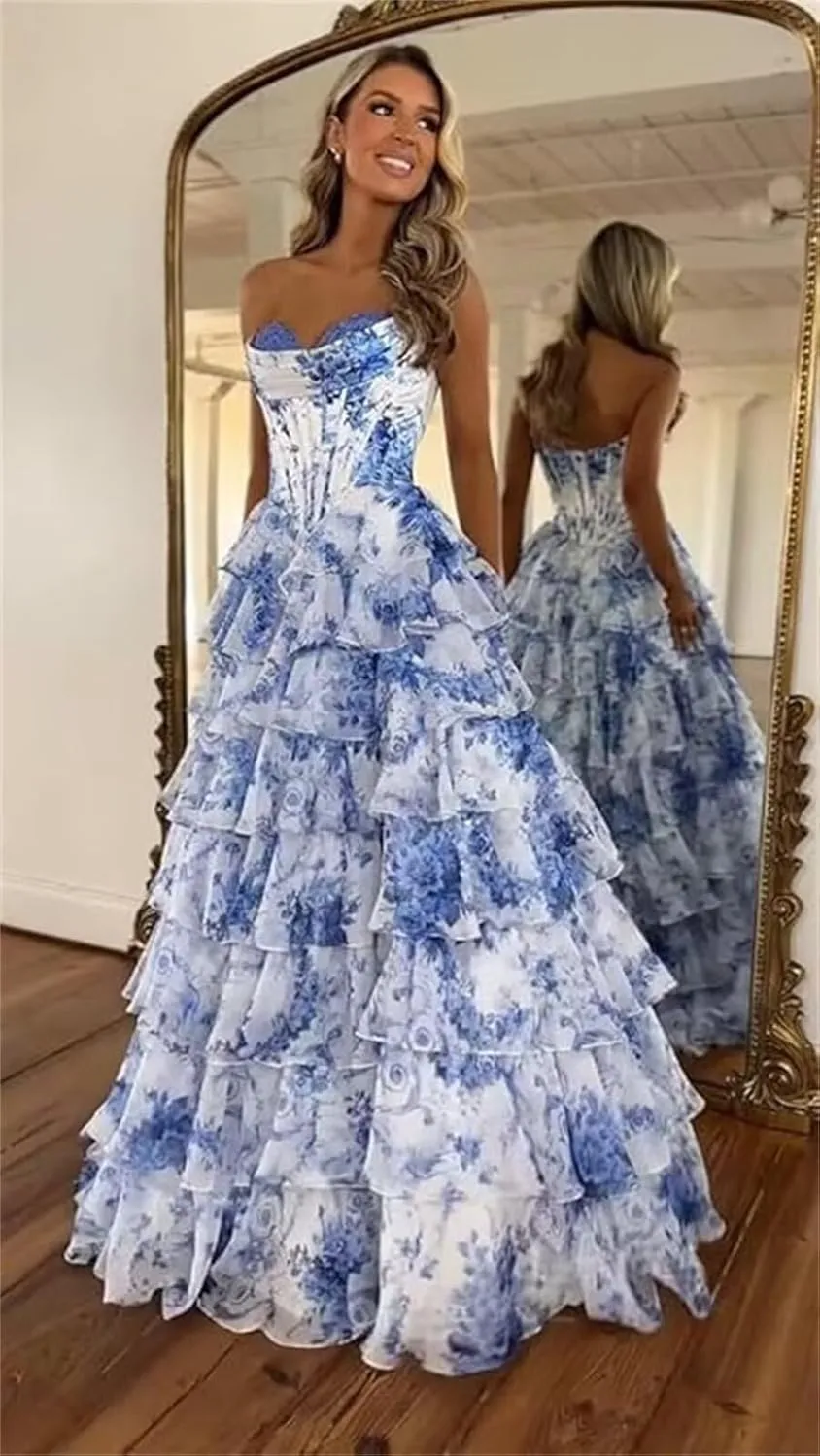 Strapless Chiffon Prom Dresses for Women Long Tiered Ruffle Corset Formal Evening Gowns for Women with Slit