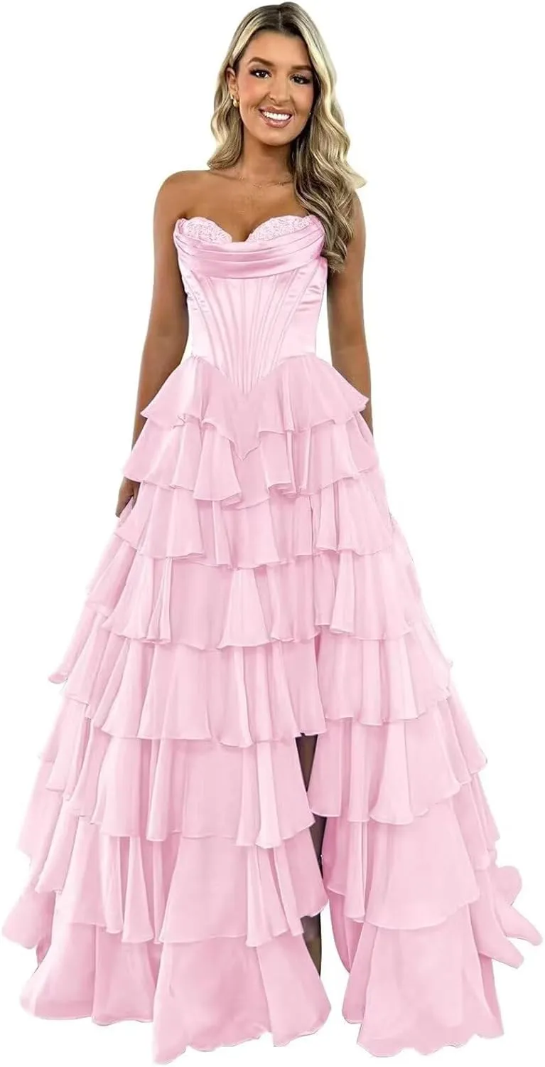 Strapless Chiffon Prom Dresses for Women Long Tiered Ruffle Corset Formal Evening Gowns for Women with Slit
