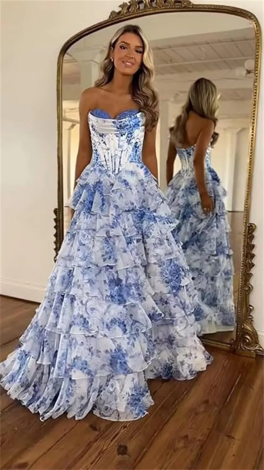 Strapless Chiffon Prom Dresses for Women Long Tiered Ruffle Corset Formal Evening Gowns for Women with Slit