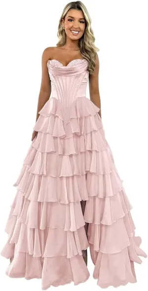 Strapless Chiffon Prom Dresses for Women Long Tiered Ruffle Corset Formal Evening Gowns for Women with Slit