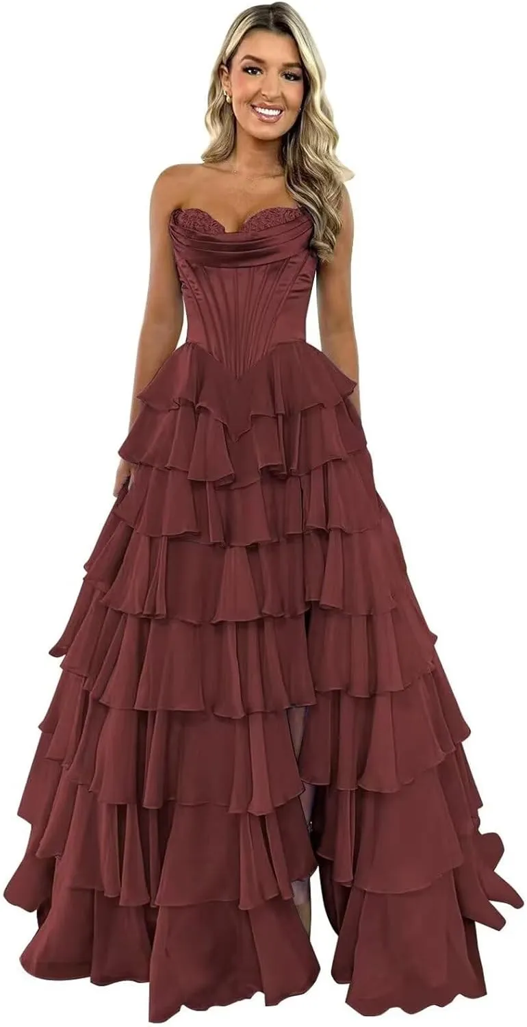Strapless Chiffon Prom Dresses for Women Long Tiered Ruffle Corset Formal Evening Gowns for Women with Slit