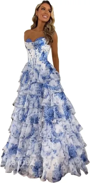 Strapless Chiffon Prom Dresses for Women Long Tiered Ruffle Corset Formal Evening Gowns for Women with Slit
