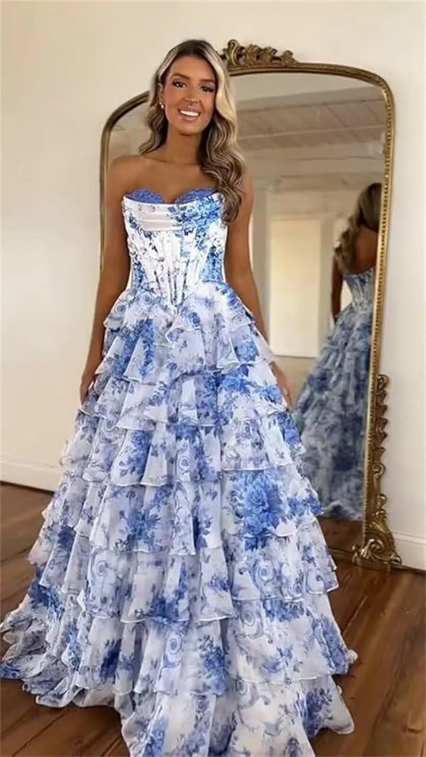 Strapless Chiffon Prom Dresses for Women Long Tiered Ruffle Corset Formal Evening Gowns for Women with Slit