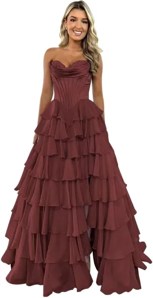 Strapless Chiffon Prom Dresses for Women Long Tiered Ruffle Corset Formal Evening Gowns for Women with Slit