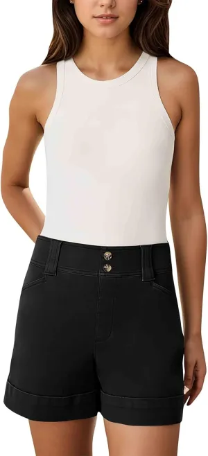 Stretch Twill Shorts Women Elastic High Waisted Denim Shorts Pull On Chino Shorts Summer Bermuda Shorts with Pockets