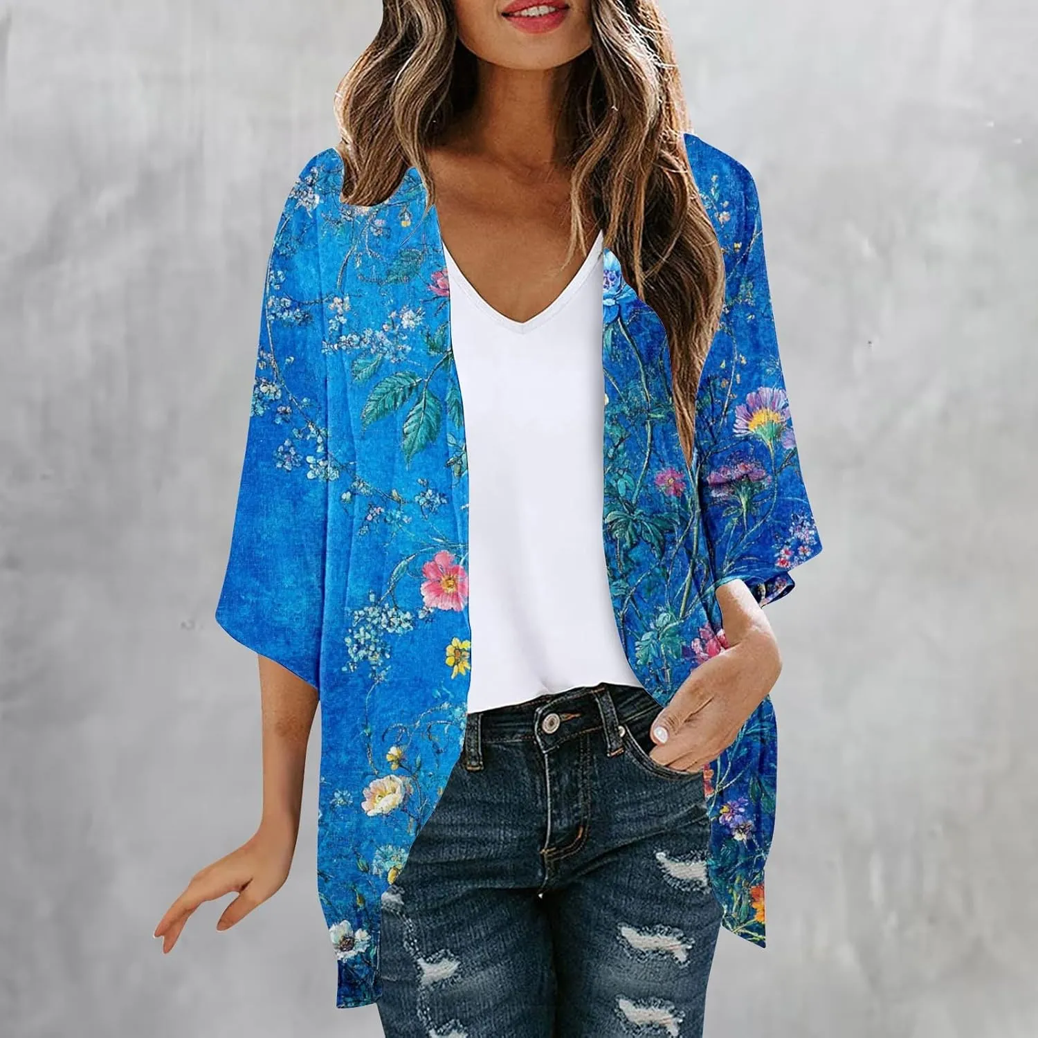 Summer Cardigans for Women Lightweight Beach Cover Ups Loose Floral 3/4 Sleeve Boho Kimono Vacation Outfits