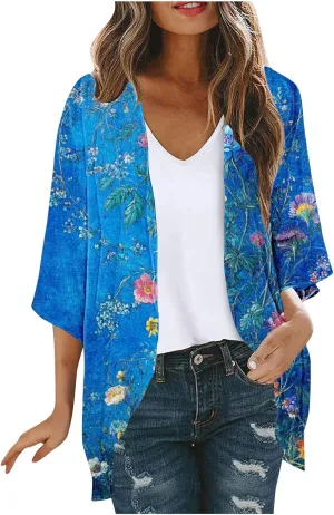 Summer Cardigans for Women Lightweight Beach Cover Ups Loose Floral 3/4 Sleeve Boho Kimono Vacation Outfits