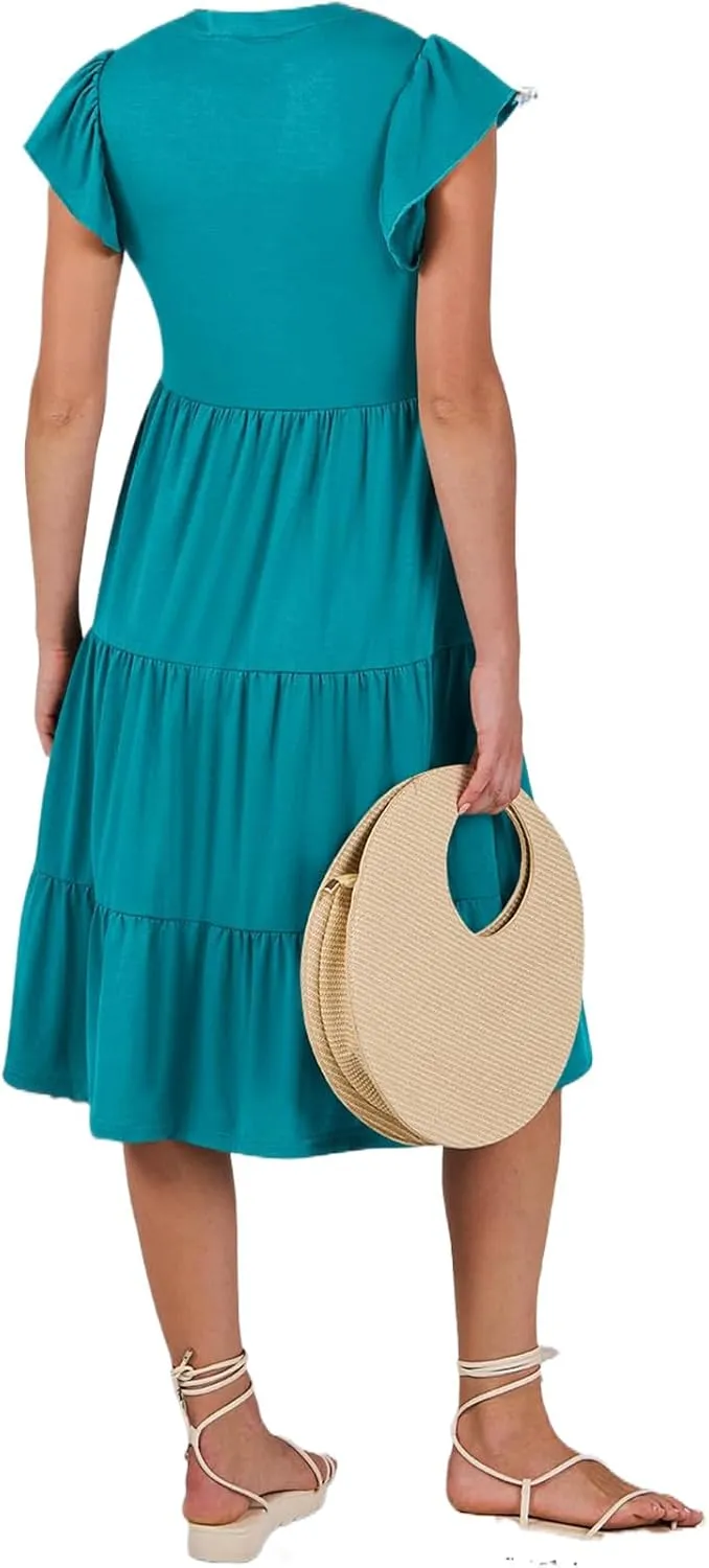 Summer Dress for Women Ruffle Sleeve V Neck Midi Dresses Trendy Casual Fit Flowy Tiered Boho Beach Vacation Sundress