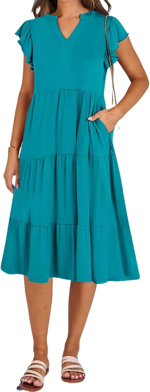 Summer Dress for Women Ruffle Sleeve V Neck Midi Dresses Trendy Casual Fit Flowy Tiered Boho Beach Vacation Sundress