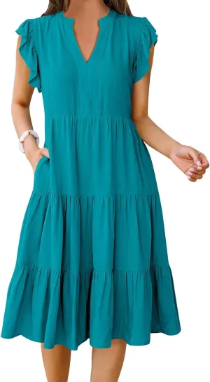 Summer Dress for Women Ruffle Sleeve V Neck Midi Dresses Trendy Casual Fit Flowy Tiered Boho Beach Vacation Sundress