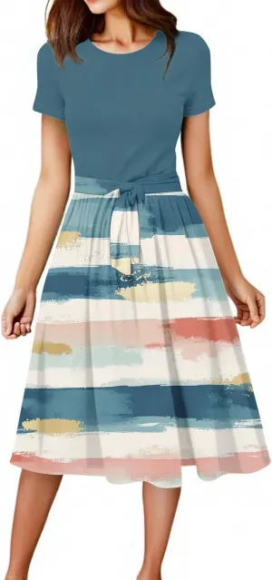 Summer Dresses for Women 2025 Elegent Floral Tie Empire Waist Midi Dress Flowy Floral Plaid Beach Sundresses