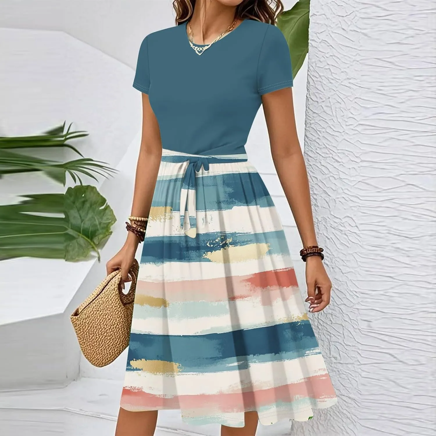 Summer Dresses for Women 2025 Elegent Floral Tie Empire Waist Midi Dress Flowy Floral Plaid Beach Sundresses