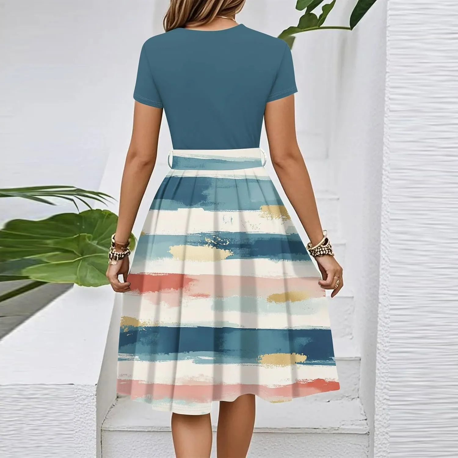 Summer Dresses for Women 2025 Elegent Floral Tie Empire Waist Midi Dress Flowy Floral Plaid Beach Sundresses