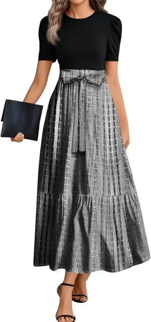Summer Dresses for Women 2025 Geometric Splicing Elegant Wrap Short Sleeve Maxi Dress Patchwork Ruffle Hem A Line Dress