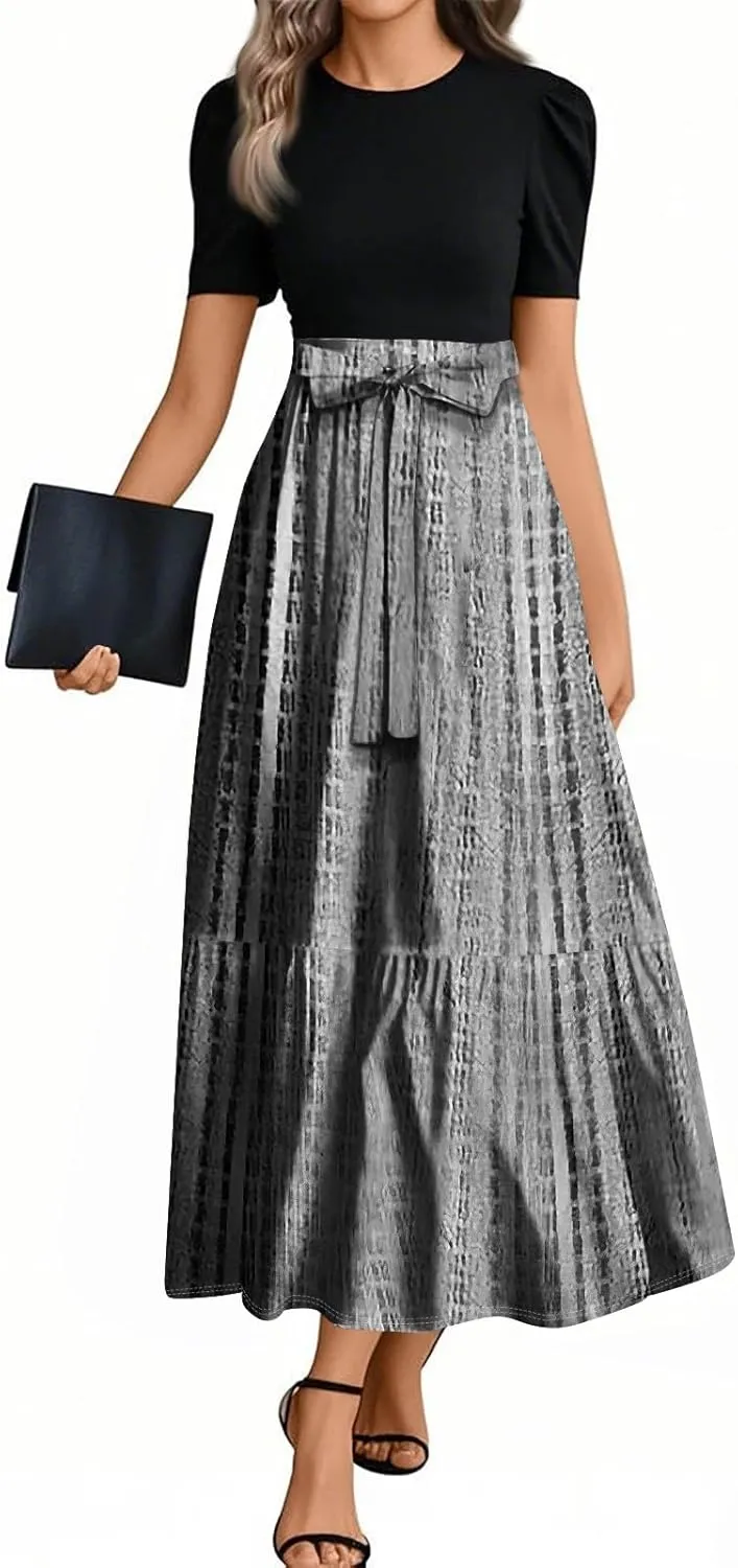 Summer Dresses for Women 2025 Geometric Splicing Elegant Wrap Short Sleeve Maxi Dress Patchwork Ruffle Hem A Line Dress