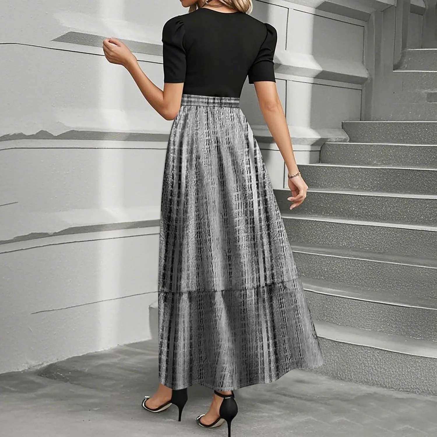 Summer Dresses for Women 2025 Geometric Splicing Elegant Wrap Short Sleeve Maxi Dress Patchwork Ruffle Hem A Line Dress
