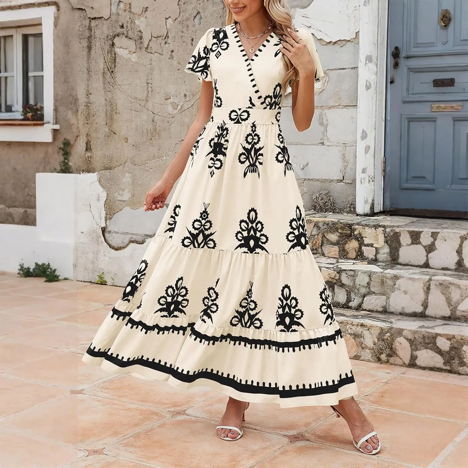 Summer Dresses for Women 2025 Square Neck Sleeveless Casual Boho Floral High Waist Slit Travel Vacation Sundress