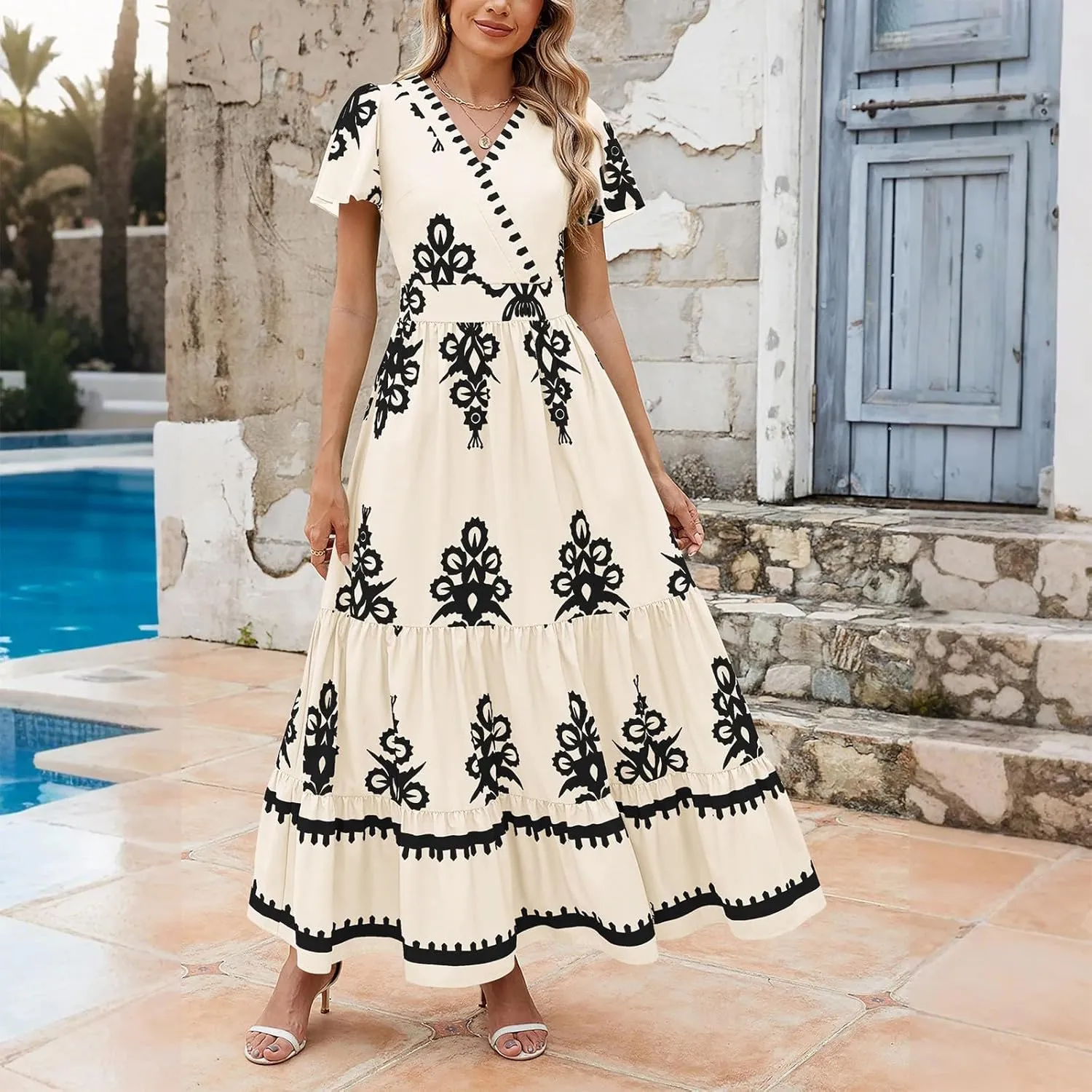 Summer Dresses for Women 2025 Square Neck Sleeveless Casual Boho Floral High Waist Slit Travel Vacation Sundress
