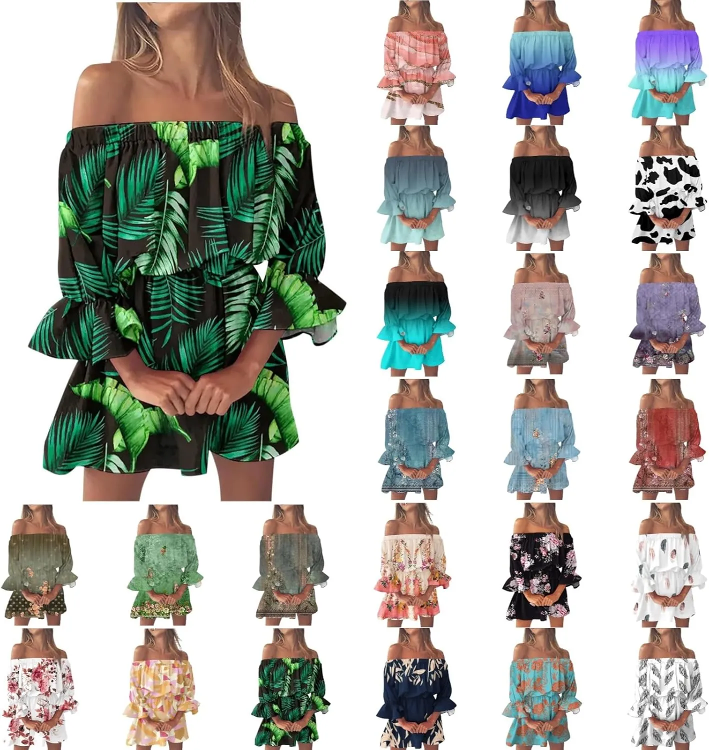 Summer Dresses for Women Boho Beach Sexy Off Shoulder Tunic Sundresses Casual Loose Fit Sleeve Mini Floral Dress