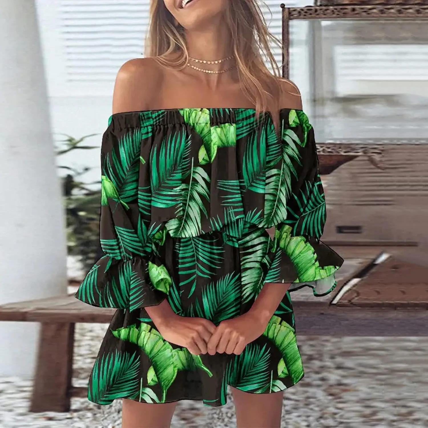 Summer Dresses for Women Boho Beach Sexy Off Shoulder Tunic Sundresses Casual Loose Fit Sleeve Mini Floral Dress