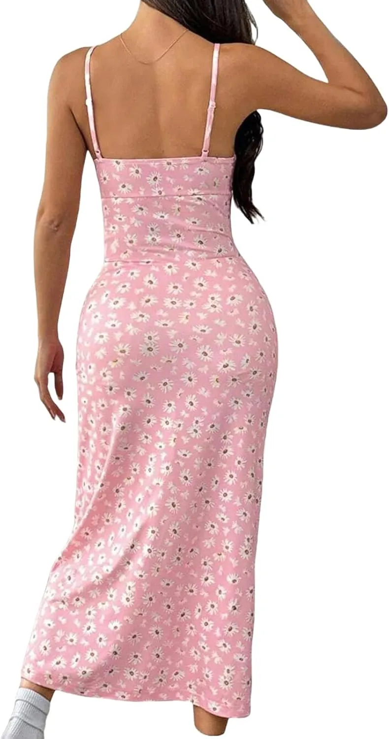 Summer Dresses for Women Boho Floral Spaghetti Strap Side Slit High Waist Long Dress Beach Vacation Sundress
