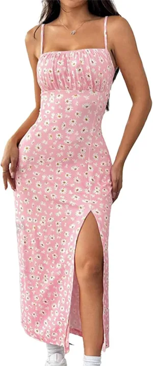 Summer Dresses for Women Boho Floral Spaghetti Strap Side Slit High Waist Long Dress Beach Vacation Sundress
