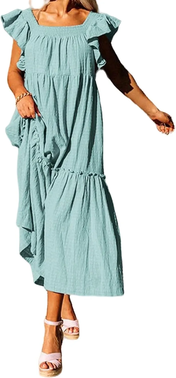 Summer Dresses for Women Casual Ruffle Cap Sleeve Maxi Dress Aline Flowy Tiered Baby Doll Dress Long Beach Sundress