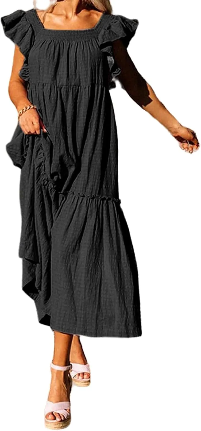 Summer Dresses for Women Casual Ruffle Cap Sleeve Maxi Dress Aline Flowy Tiered Baby Doll Dress Long Beach Sundress