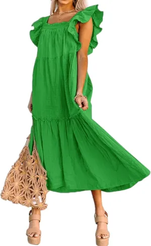 Summer Dresses for Women Casual Ruffle Cap Sleeve Maxi Dress Aline Flowy Tiered Baby Doll Dress Long Beach Sundress