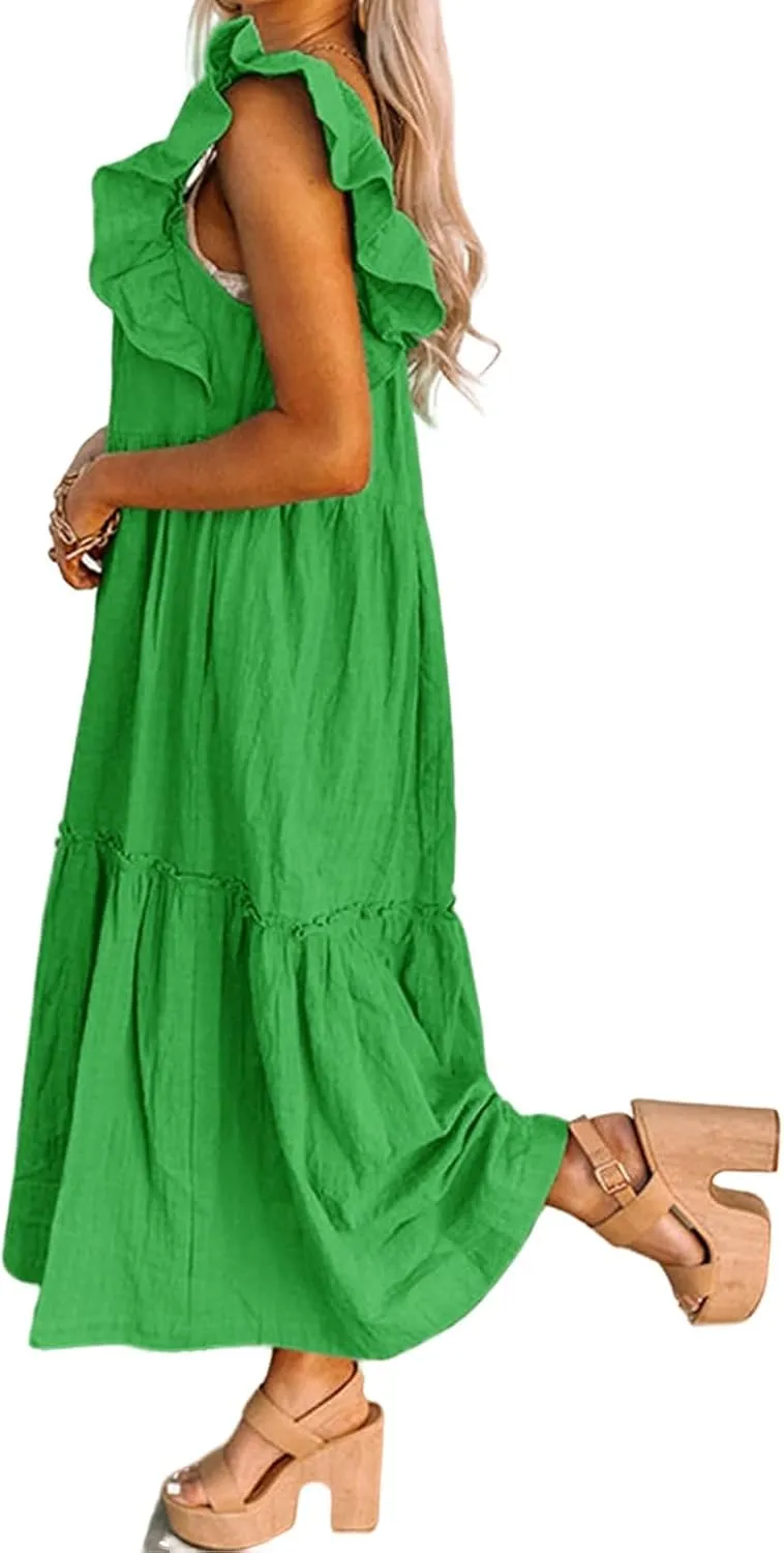 Summer Dresses for Women Casual Ruffle Cap Sleeve Maxi Dress Aline Flowy Tiered Baby Doll Dress Long Beach Sundress